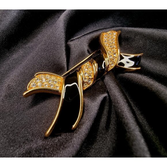 Vintage SWAROVSKI Signed Ribbon Gold and Black Crystals Brooch - Picture 1 of 4